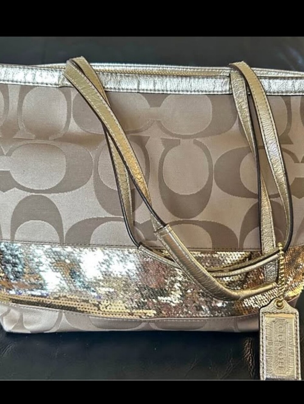 Coach Taupe Signature Tote with Gold Sequin Trim